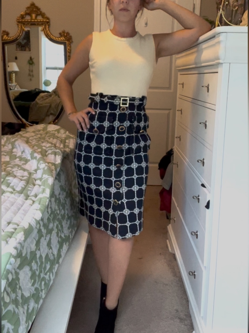Tory Burch Navy and White Chain-Print Midi Skirt with Gold Buttons